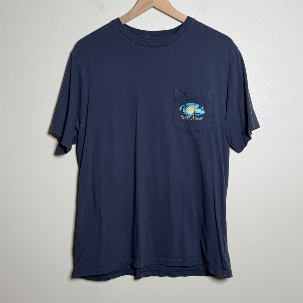 Vineyard Vines Mens Cotton T-Shirt M Blue 80 Degrees & Palm Trees Coastal